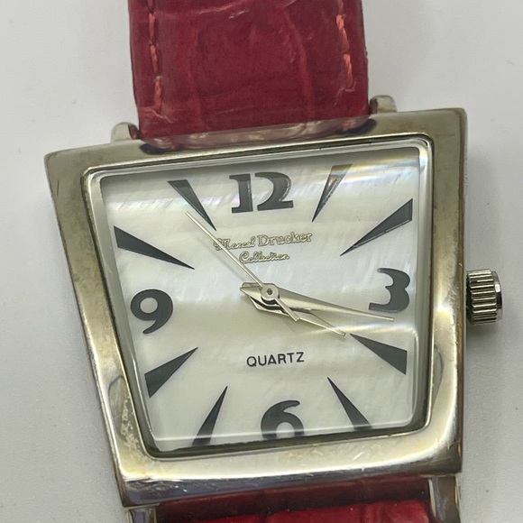 Vintage Marcel Druker Trapezoid Mother of Pearl Dial Quartz Watch w/ Red Band main image 4